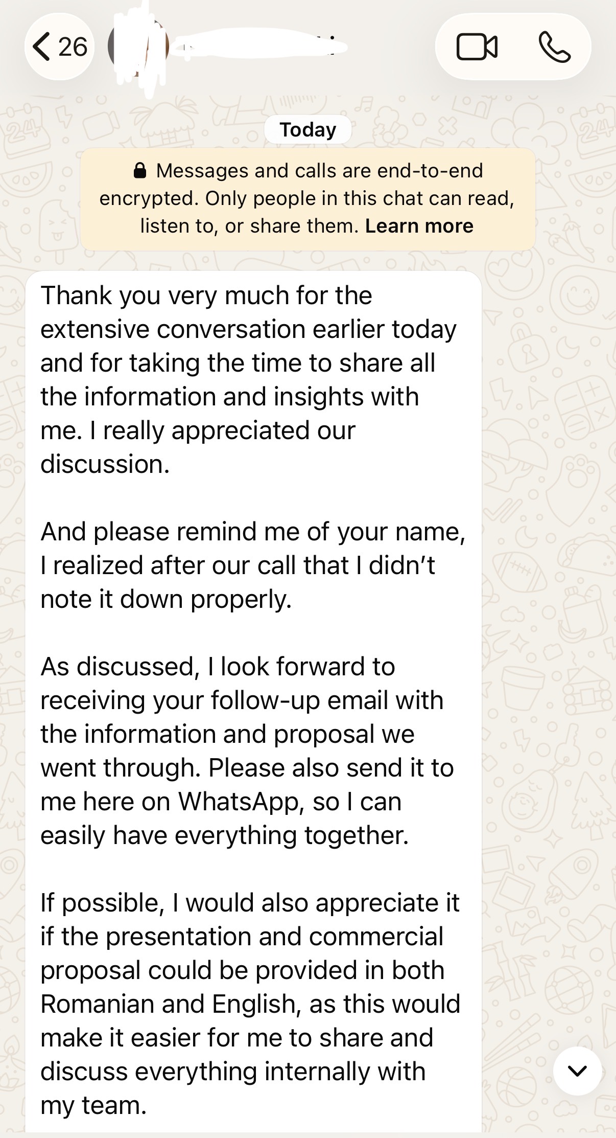 Mesaj de mulțumire de la un client, după o discuție despre propunerea comercială