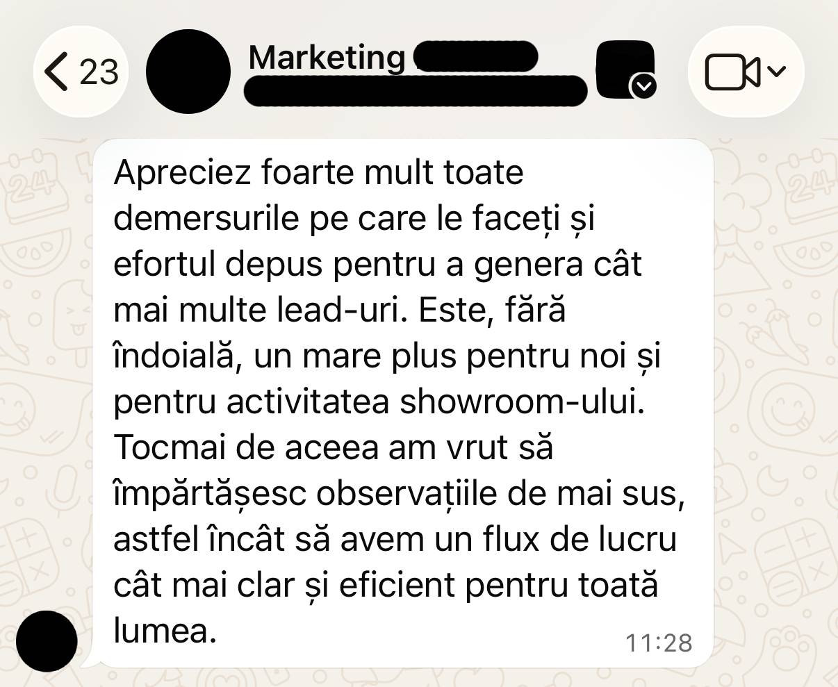 Mesaj de la un client despre lead-urile generate pentru showroom