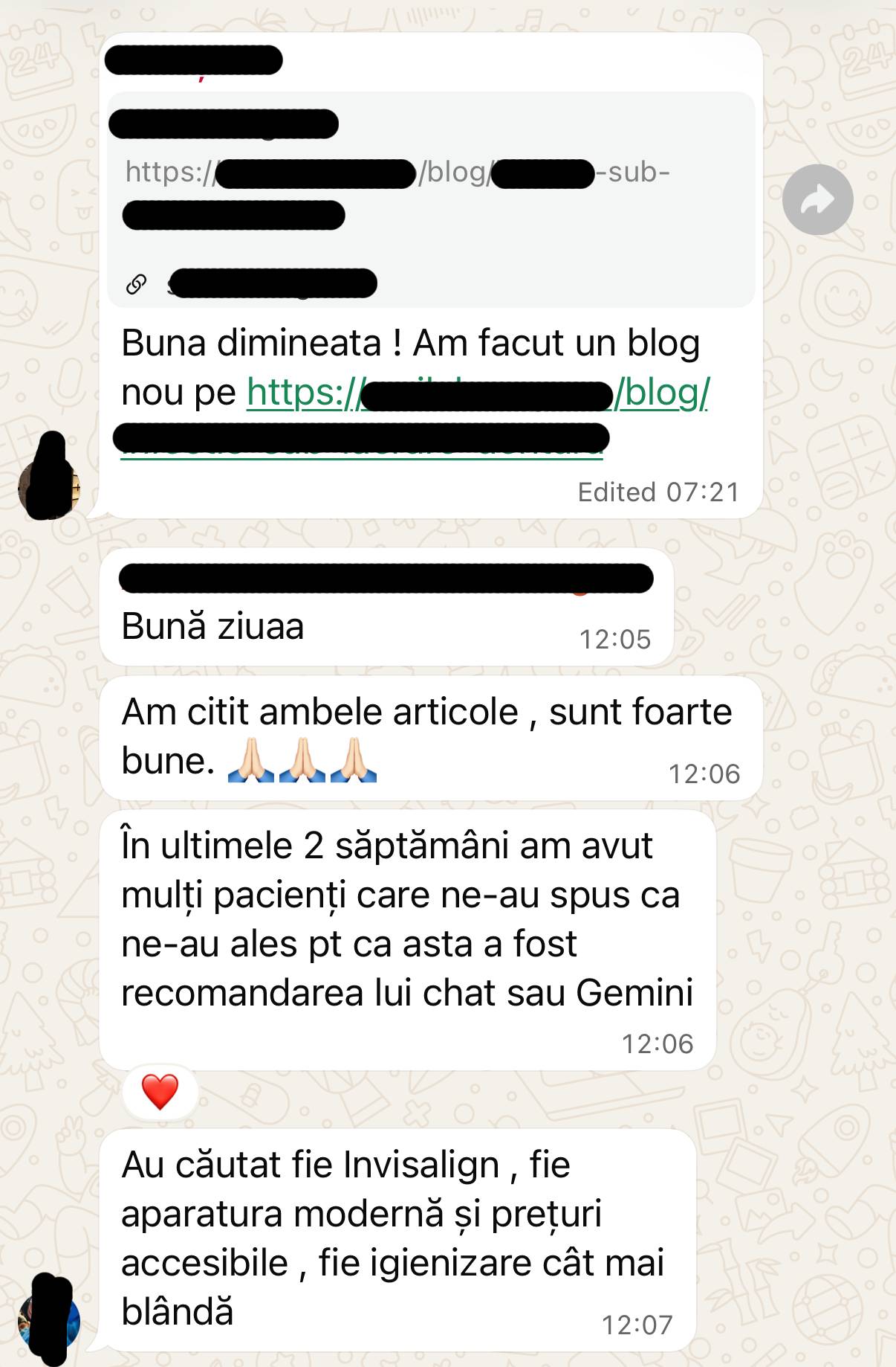 Mesaj de la o clinică stomatologică despre pacienți care au ales clinica în urma recomandărilor primite din căutare